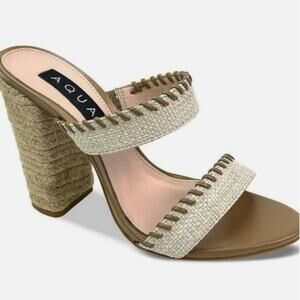 Aqua Woven Slide Heels Size 8.5 Square Toe Mule High Heel Sandal Minimalist Chic